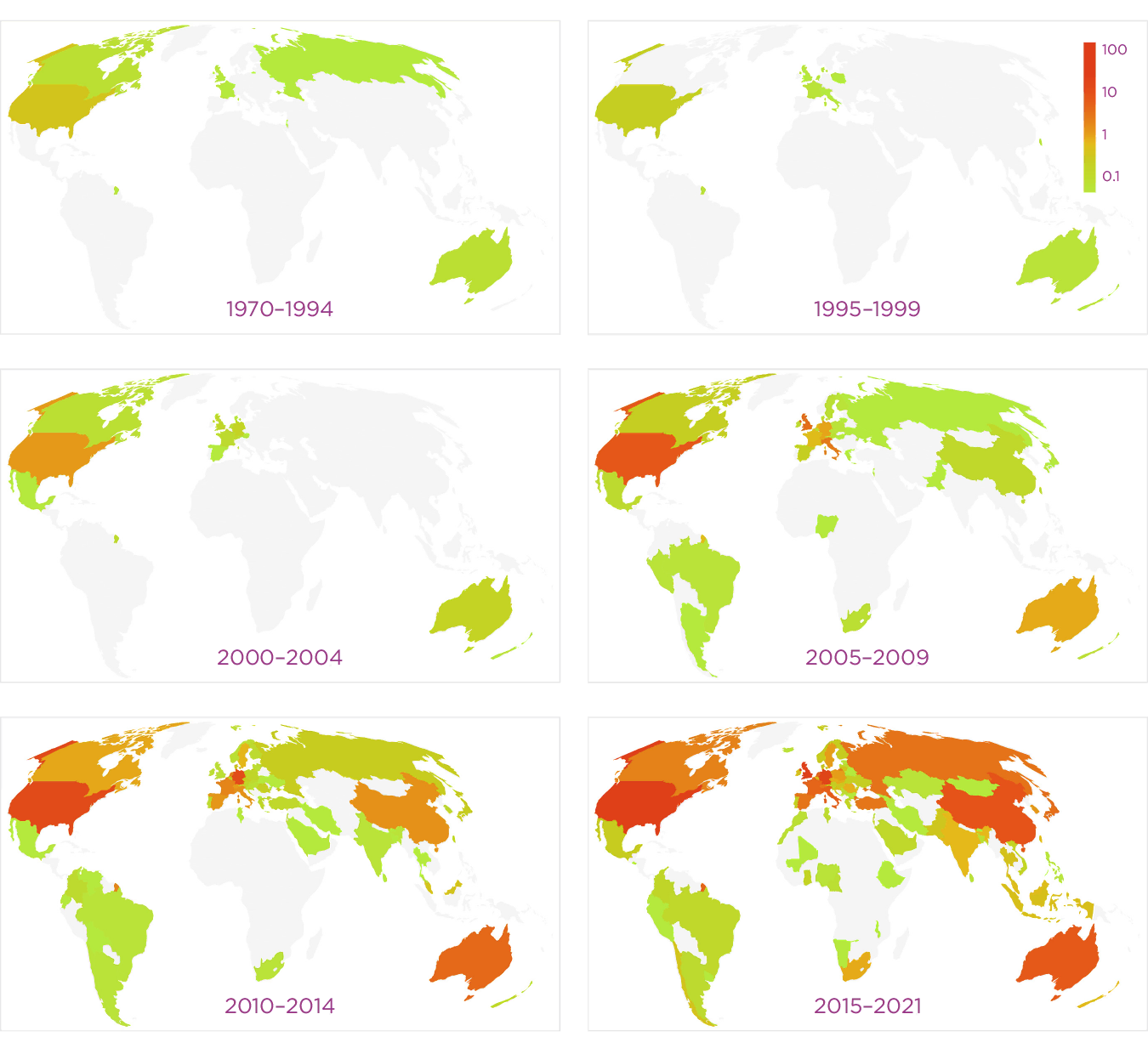 Figure 3.6: Internationalization of academic research on happiness, as measured by authorship per capita. 1970 - 2021